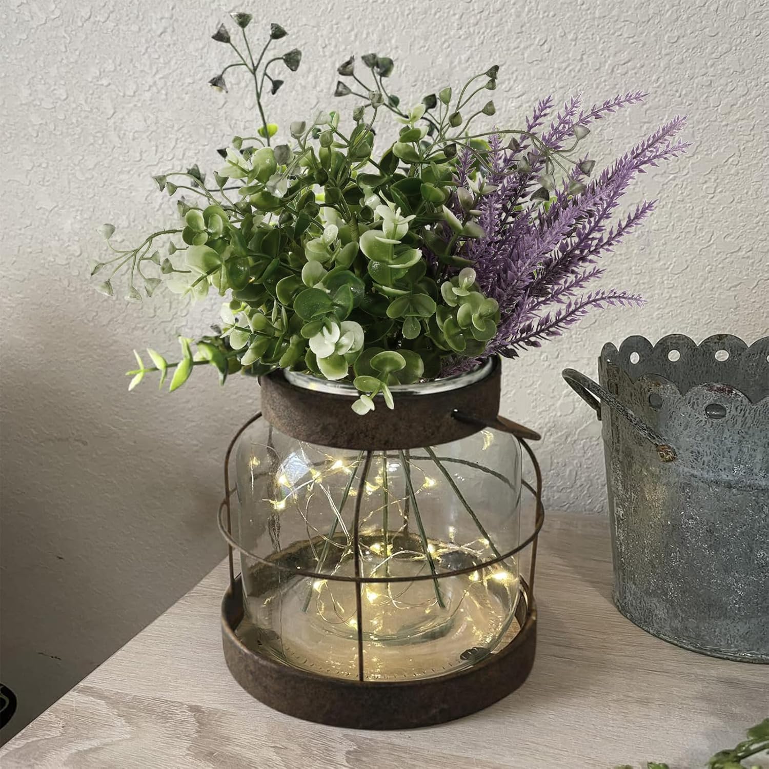 Vintage Glass Farmhouse Vase, Rustic Lantern Decor with Plants Flowers Lights Vintage Style Vases for Home Decor Floral Arrangement Hostess Gift - Grand Goldman