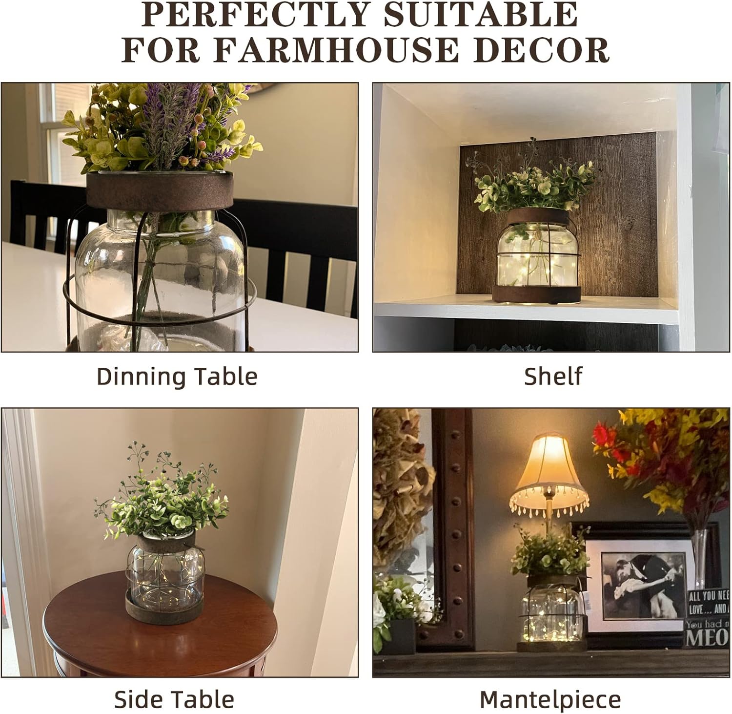 Vintage Glass Farmhouse Vase, Rustic Lantern Decor with Plants Flowers Lights Vintage Style Vases for Home Decor Floral Arrangement Hostess Gift - Grand Goldman