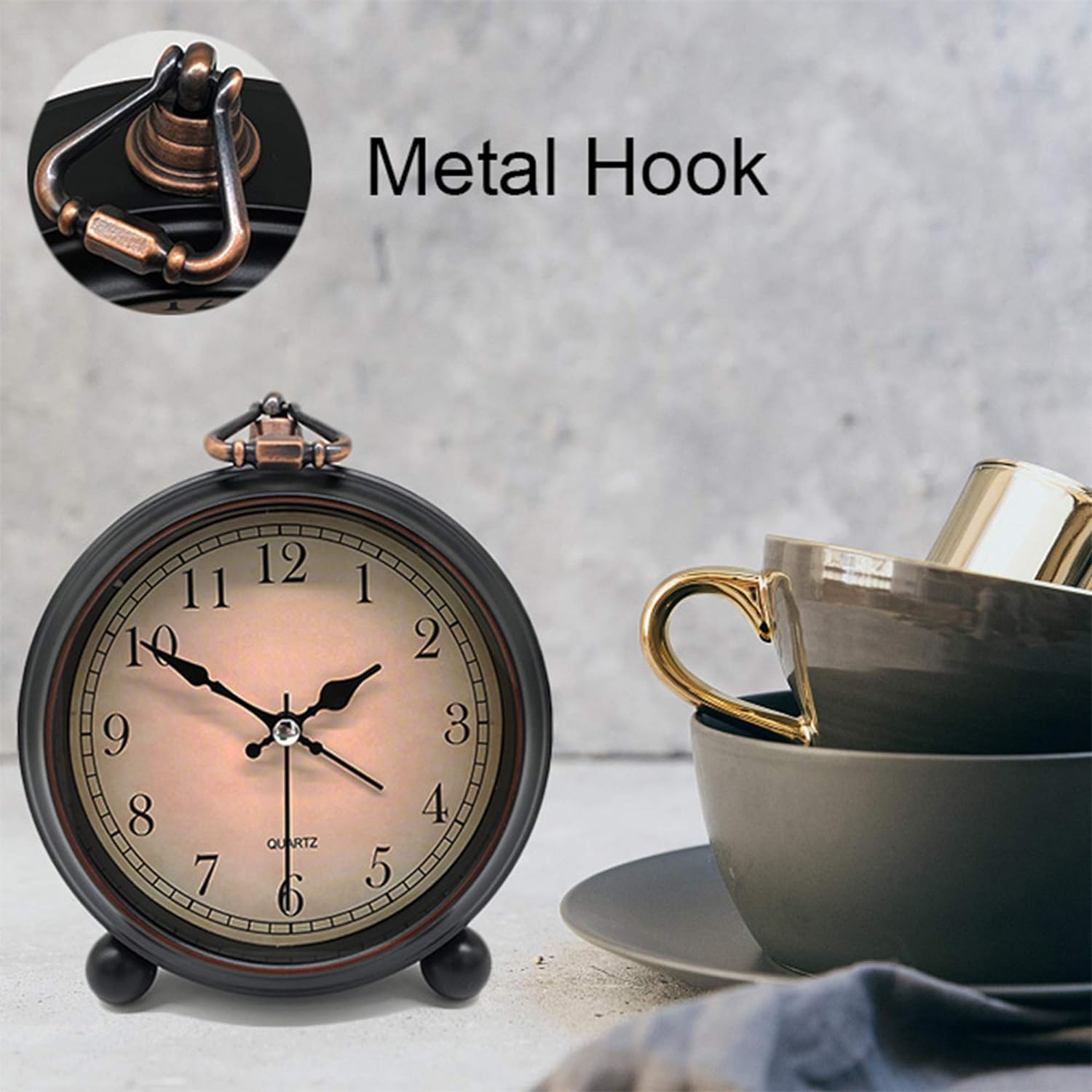 Vintage Retro Analog Alarm Clock, 4 inch Super Silent Non Ticking Small Clock with Night Light, Battery Operated, Simply Design, for Living Room, Bedroom, Bedside, Desk, Gift Clock (Arabic) - Grand Goldman