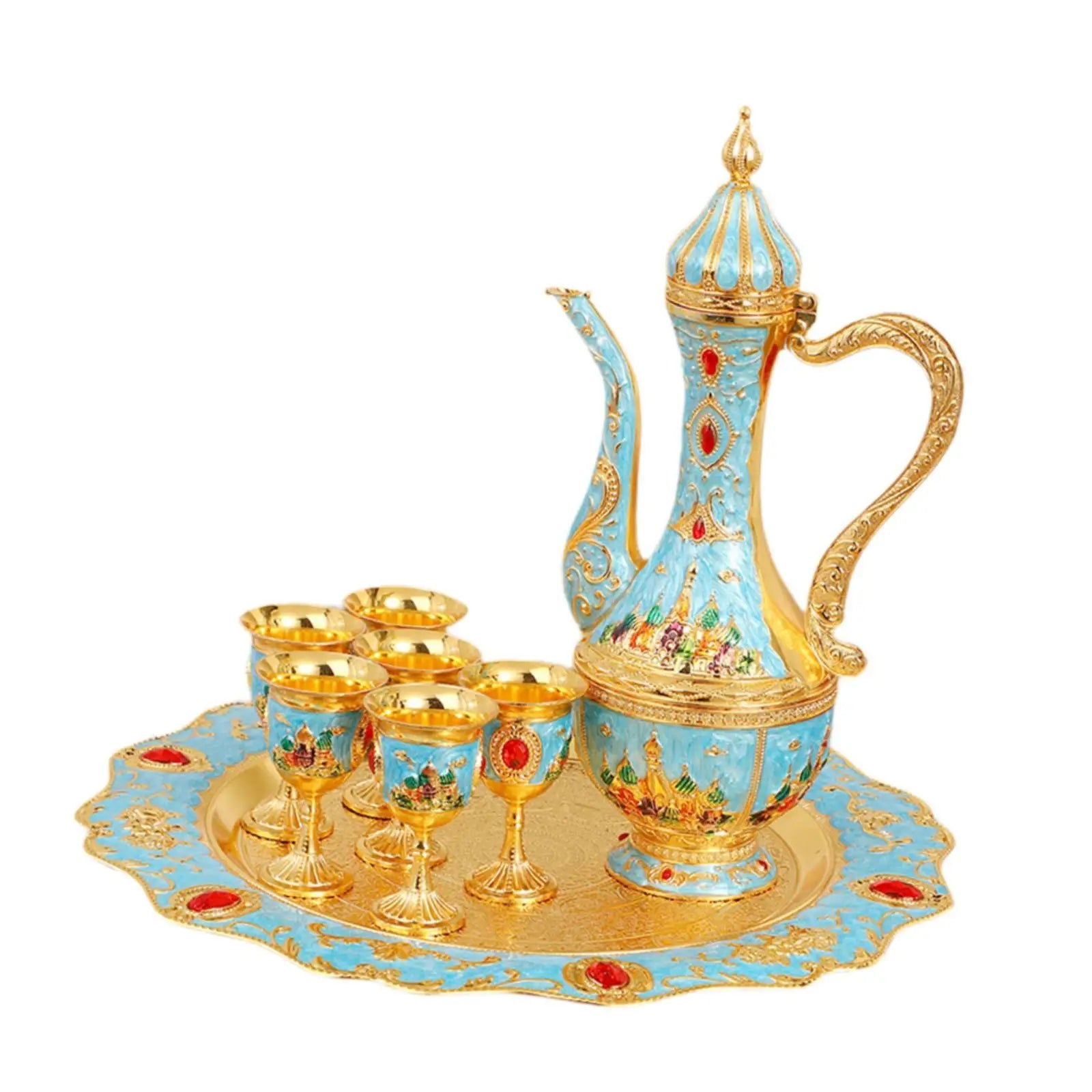 Vintage Turkish Coffee Pot Set - Luxury Zinc Alloy Tea Service Set with 6 Metal Cups, Teapot, Tray | Perfect Wedding, Birthday, Housewarming Gift | Elegant Retro European Design for Living Room, Kitchen, Party - Grand Goldman