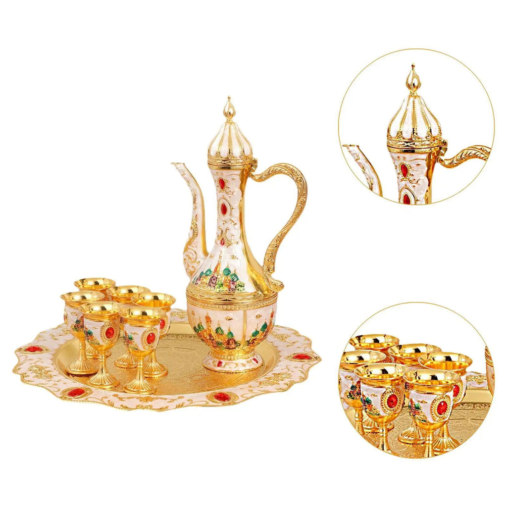 Vintage Turkish Coffee Pot Set - Luxury Zinc Alloy Tea Service Set with 6 Metal Cups, Teapot, Tray | Perfect Wedding, Birthday, Housewarming Gift | Elegant Retro European Design for Living Room, Kitchen, Party - Grand Goldman