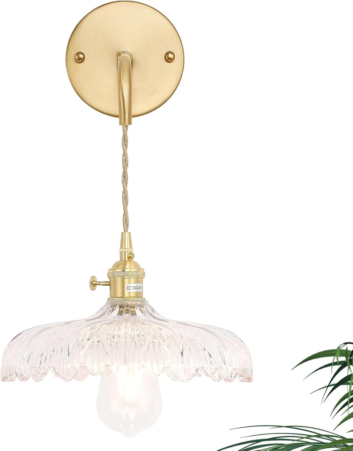 Vintage Wall Sconce Wall Lamp with Clear Striped Glass Shade Hanging Wall Sconce with 4.9FT Plug in Cord, Modern Wall Lamp Fixtures Decor for Bedside Bedroom Indoor Doorway - Grand Goldman