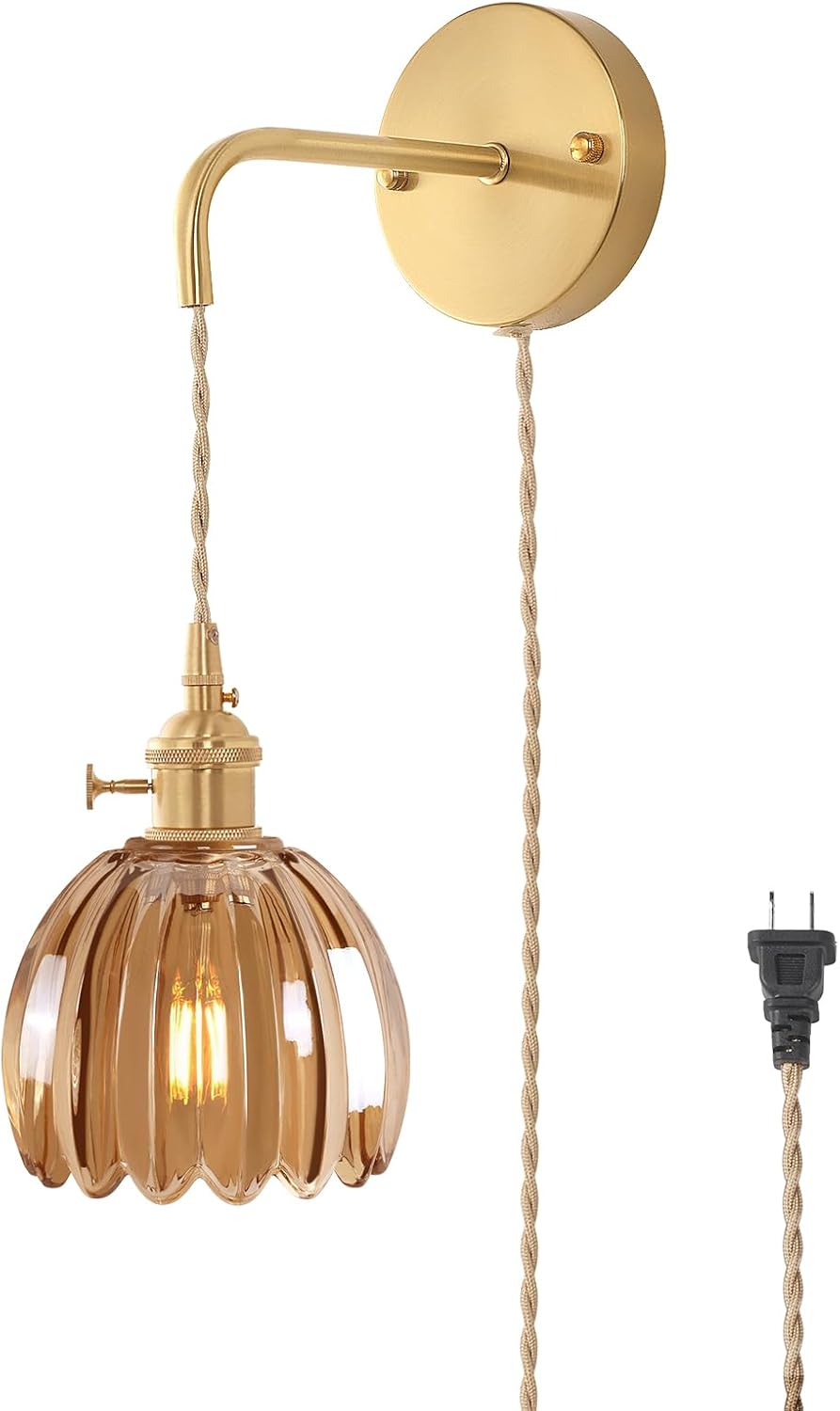 Vintage Wall Sconce Wall Lamp with Clear Striped Glass Shade Hanging Wall Sconce with 4.9FT Plug in Cord, Modern Wall Lamp Fixtures Decor for Bedside Bedroom Indoor Doorway - Grand Goldman