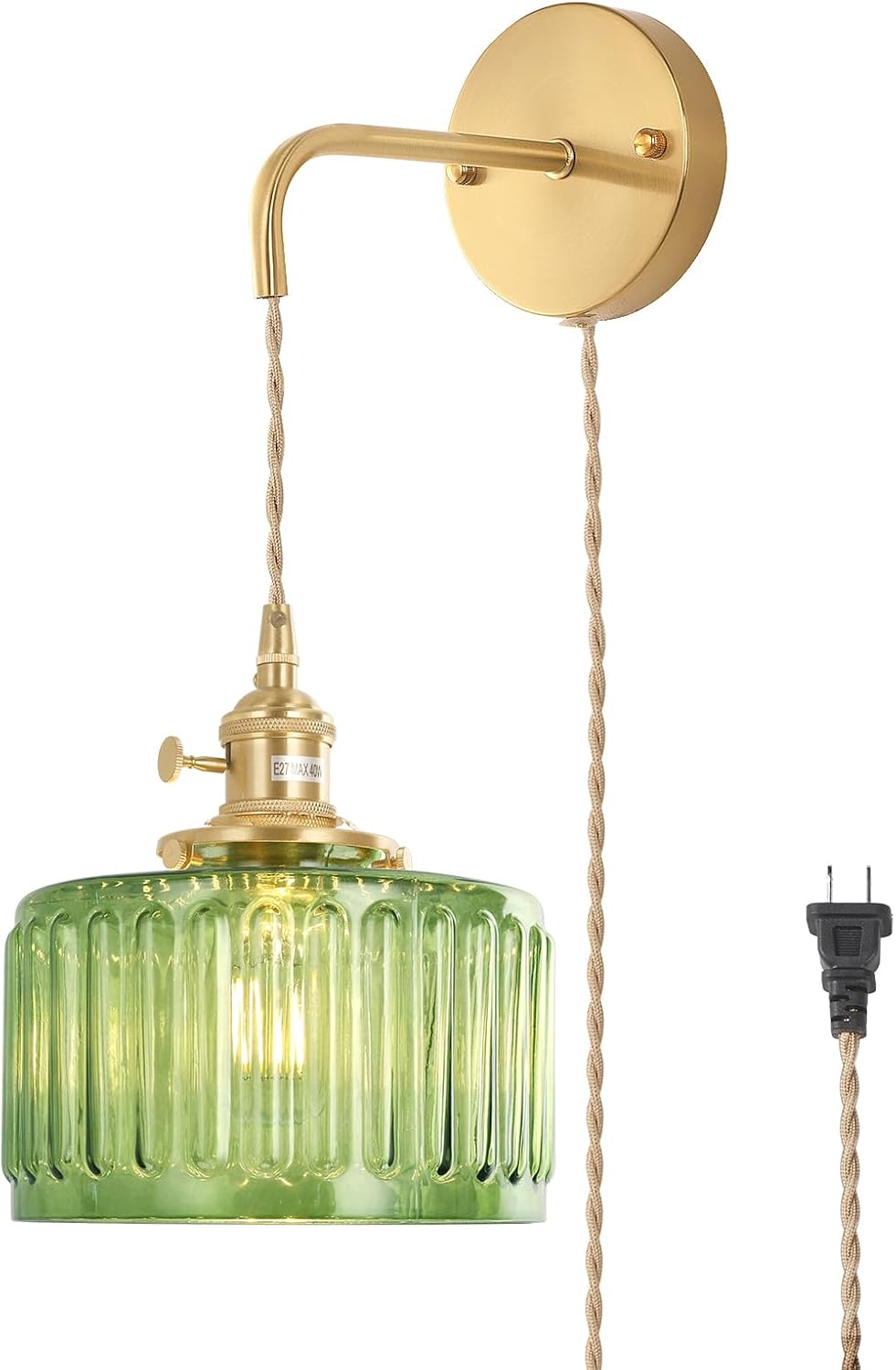 Vintage Wall Sconce Wall Lamp with Clear Striped Glass Shade Hanging Wall Sconce with 4.9FT Plug in Cord, Modern Wall Lamp Fixtures Decor for Bedside Bedroom Indoor Doorway - Grand Goldman