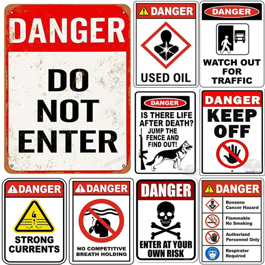 Vintage Warning Metal Tin Signs Danger Do Not Enter Wall Decor for Garage Garden Restaurant Bars Cafe Clubs Retro Posters Plaque - Grand Goldman