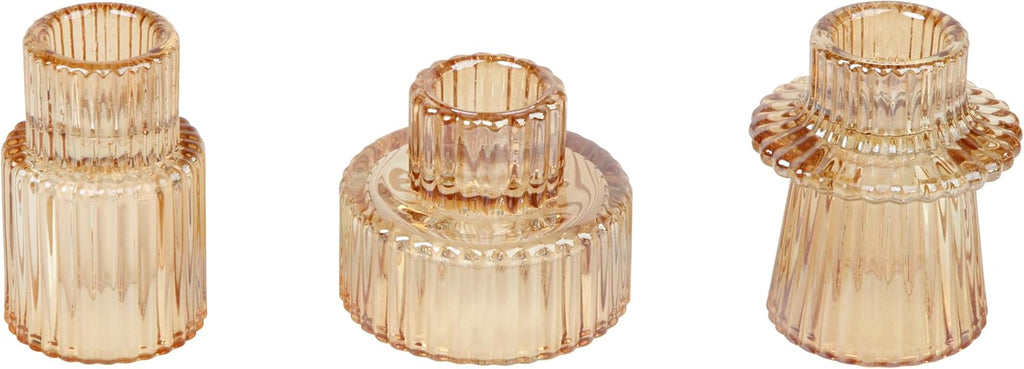 Vixdonos Taper Glass Candlestick Holders Tealight Candle Holders for Table Centerpieces, Wedding Decor and Dinner Party (3 Pcs, Amber) - Grand Goldman