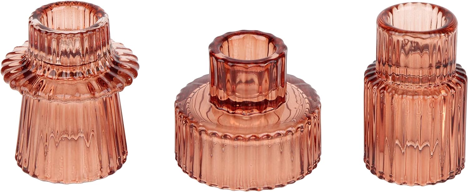 Vixdonos Taper Glass Candlestick Holders Tealight Candle Holders for Table Centerpieces, Wedding Decor and Dinner Party (3 Pcs, Amber) - Grand Goldman