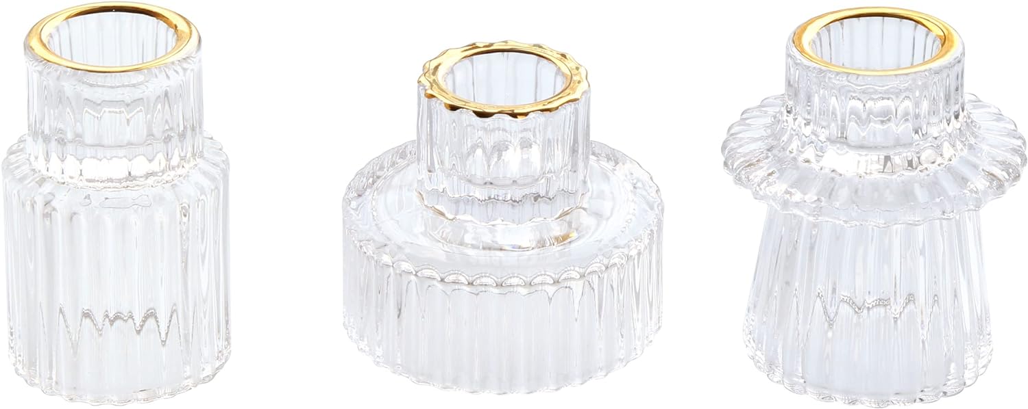 Vixdonos Taper Glass Candlestick Holders Tealight Candle Holders for Table Centerpieces, Wedding Decor and Dinner Party (3 Pcs, Amber) - Grand Goldman