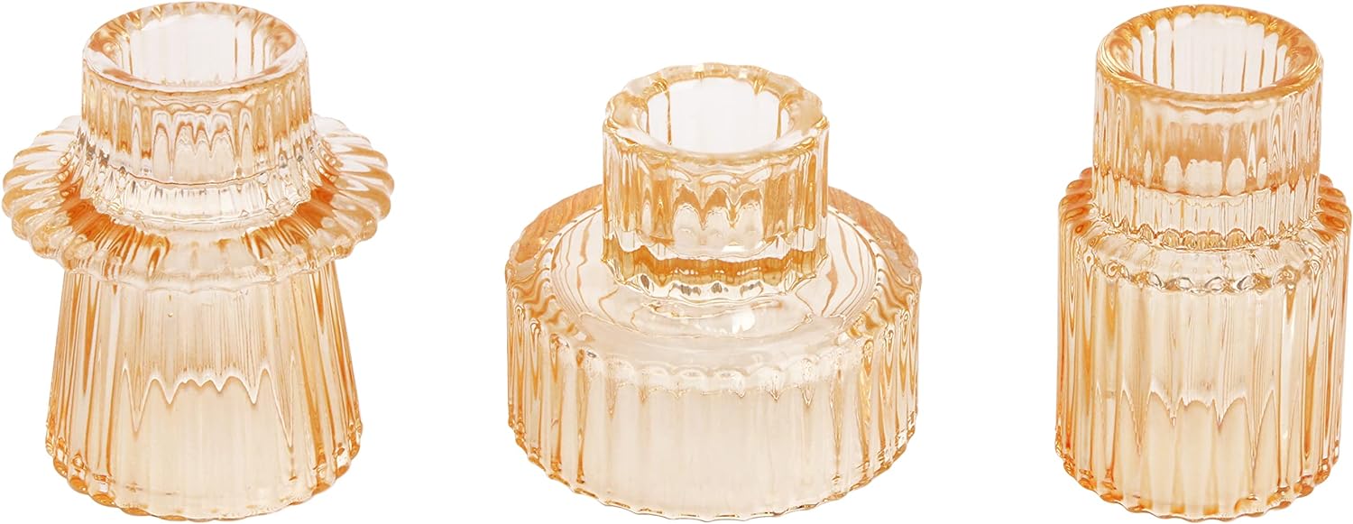 Vixdonos Taper Glass Candlestick Holders Tealight Candle Holders for Table Centerpieces, Wedding Decor and Dinner Party (3 Pcs, Amber) - Grand Goldman