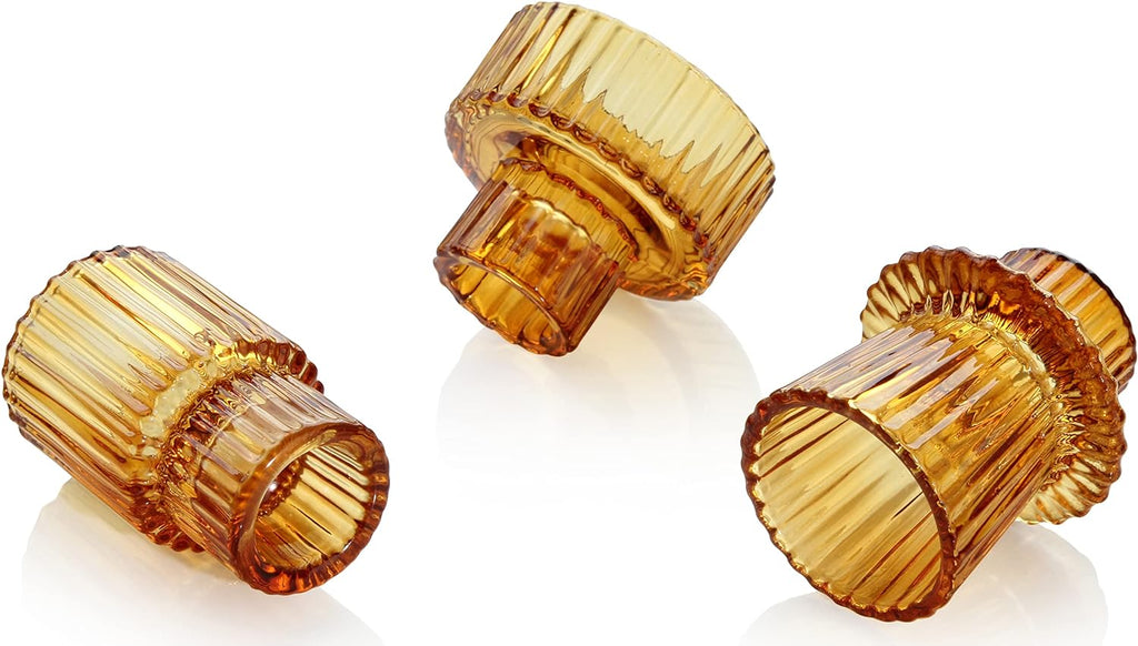 Vixdonos Taper Glass Candlestick Holders Tealight Candle Holders for Table Centerpieces, Wedding Decor and Dinner Party (3 Pcs, Amber) - Grand Goldman
