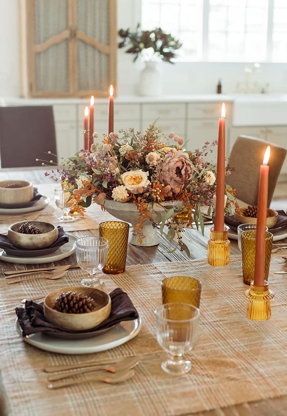 Vixdonos Taper Glass Candlestick Holders Tealight Candle Holders for Table Centerpieces, Wedding Decor and Dinner Party (3 Pcs, Amber) - Grand Goldman