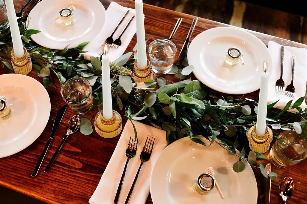 Vixdonos Taper Glass Candlestick Holders Tealight Candle Holders for Table Centerpieces, Wedding Decor and Dinner Party (3 Pcs, Amber) - Grand Goldman