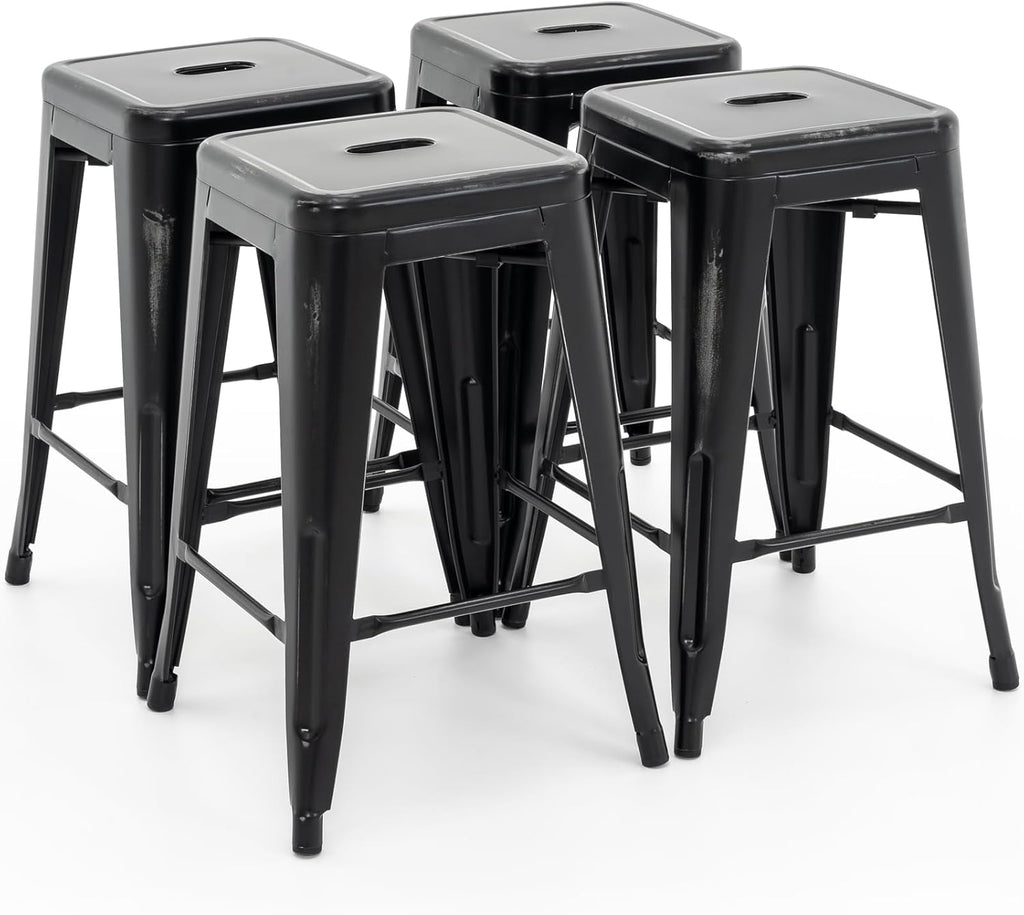 Vogue Furniture Direct 24" Bar Stools Black Backless Metal Barstools Indoor-Outdoor Counter Height Stools with Square Seat, Set of 2 - VF1571001 - Grand Goldman