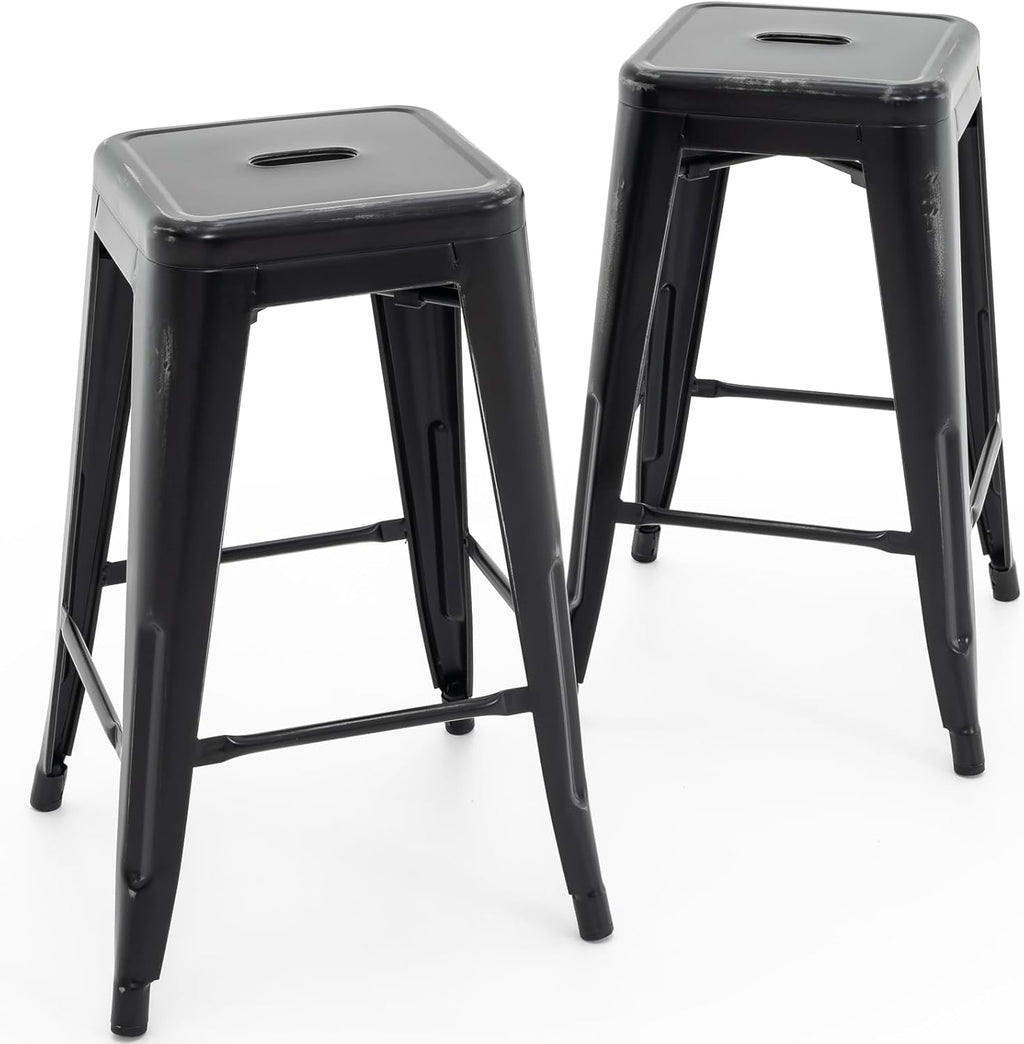 Vogue Furniture Direct 24" Bar Stools Black Backless Metal Barstools Indoor-Outdoor Counter Height Stools with Square Seat, Set of 2 - VF1571001 - Grand Goldman