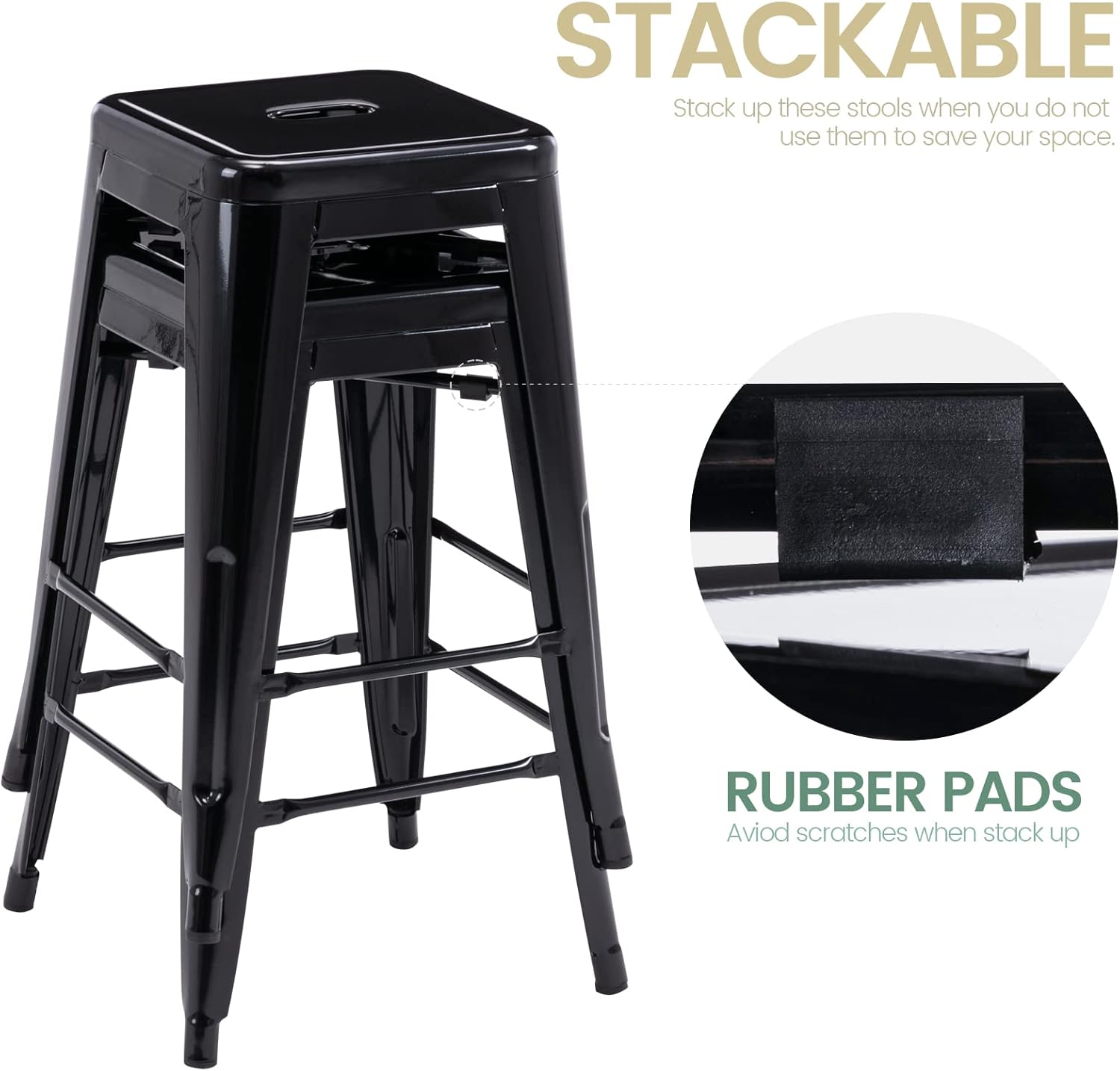 Vogue Furniture Direct 24" Bar Stools Black Backless Metal Barstools Indoor-Outdoor Counter Height Stools with Square Seat, Set of 2 - VF1571001 - Grand Goldman