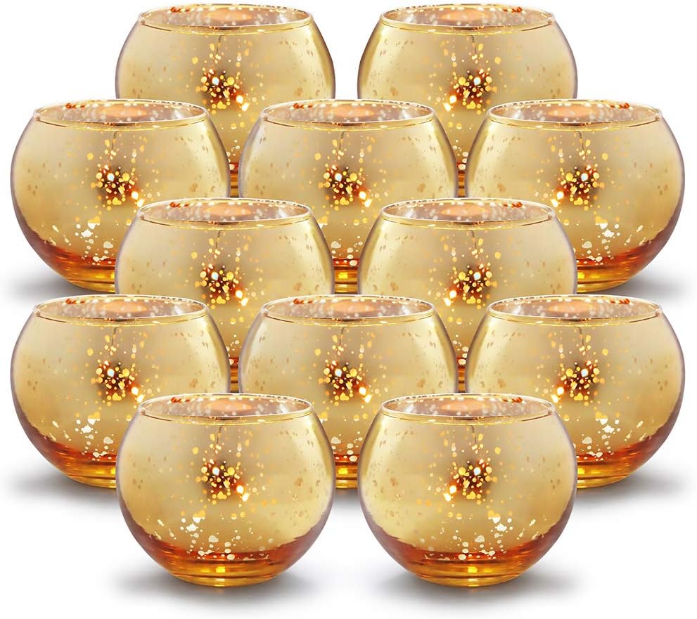 Volens Round Gold Votive Candle Holders, Mercury Glass Candle Holder Set of 12 - Grand Goldman