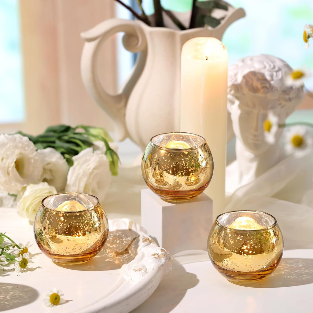 Volens Round Gold Votive Candle Holders, Mercury Glass Candle Holder Set of 12 - Grand Goldman