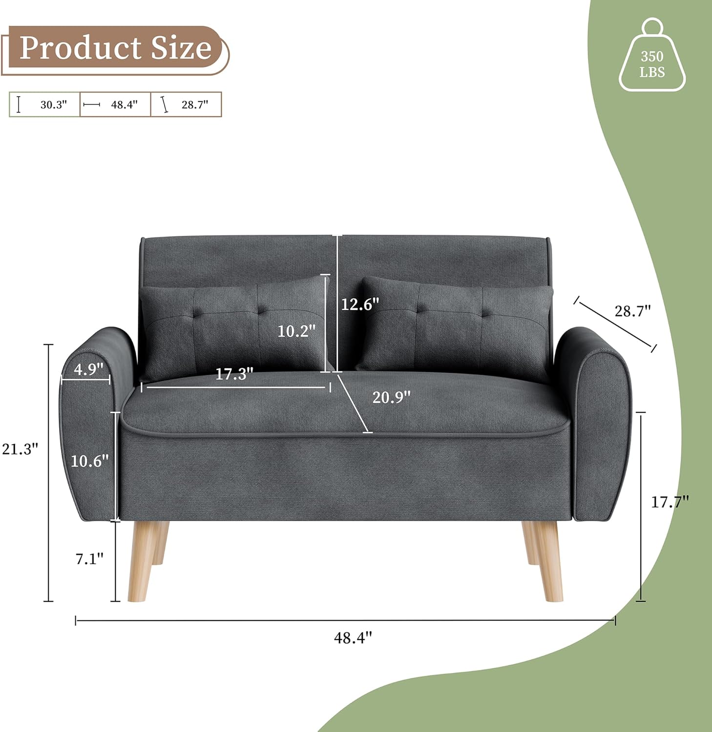 Vongrasig 47" Small Modern Loveseat Sofa, Mid Century Linen Fabric 2-Seat Couch Tufted Love Seat with Back Cushions and Tapered Wood Legs for Living Room, Bedroom and Small Space (Dark Gray) - Grand Goldman