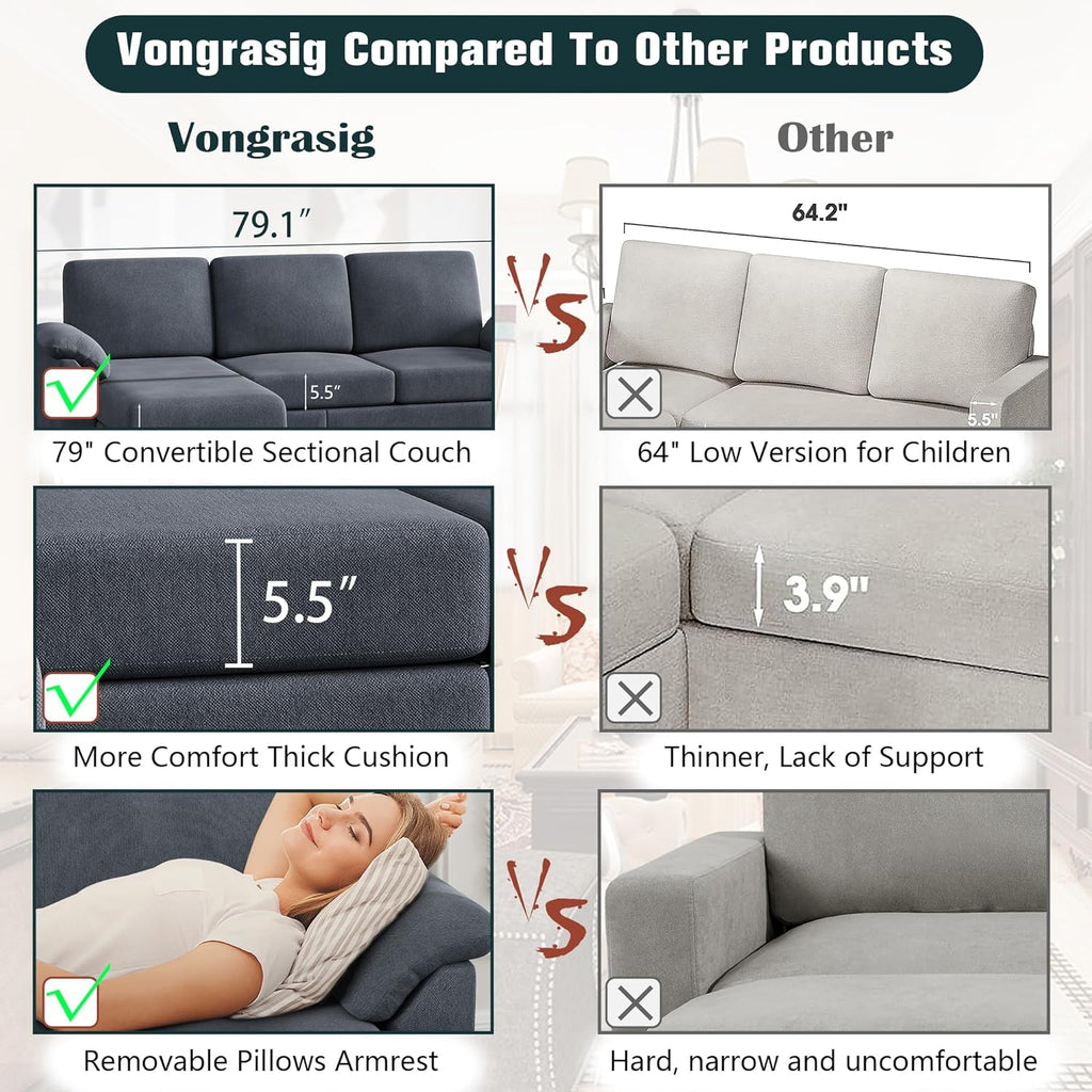 Vongrasig 79" Convertible Sectional Sofa Couch, 3 Seat L Shaped Sofa with Removable Pillows Linen Fabric Small Couch Mid Century for Living Room, Apartment and Office (Gray) - Grand Goldman