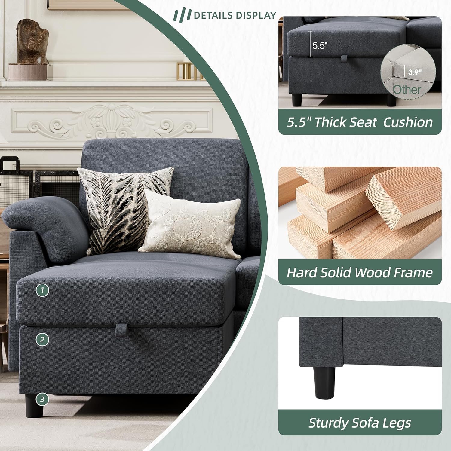 Vongrasig Convertible Sectional Sofa Couch, 3 Seat L Shaped Sofa with Removable Pillows Linen Fabric Small Couch Mid Century for Living Room, Apartment and Office (Gray) - Grand Goldman