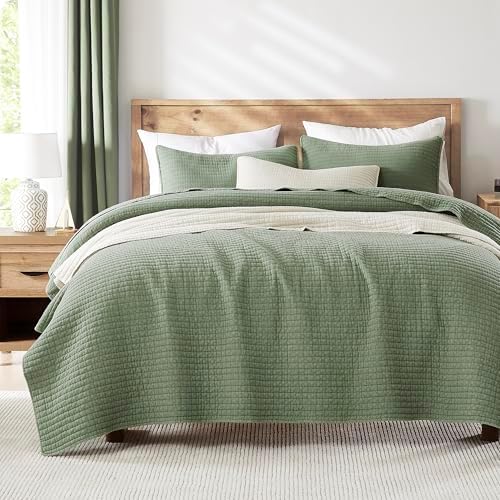 WDCOZY Beige Muslin Cotton Quilt Bedding Sets King Size with 2 Pillow Shams, Neutral Shabby Chic Rustic Textured Gauze Lightweight Country Soft Bedspread Coverlet for All Season, 3 Pieces - Grand Goldman