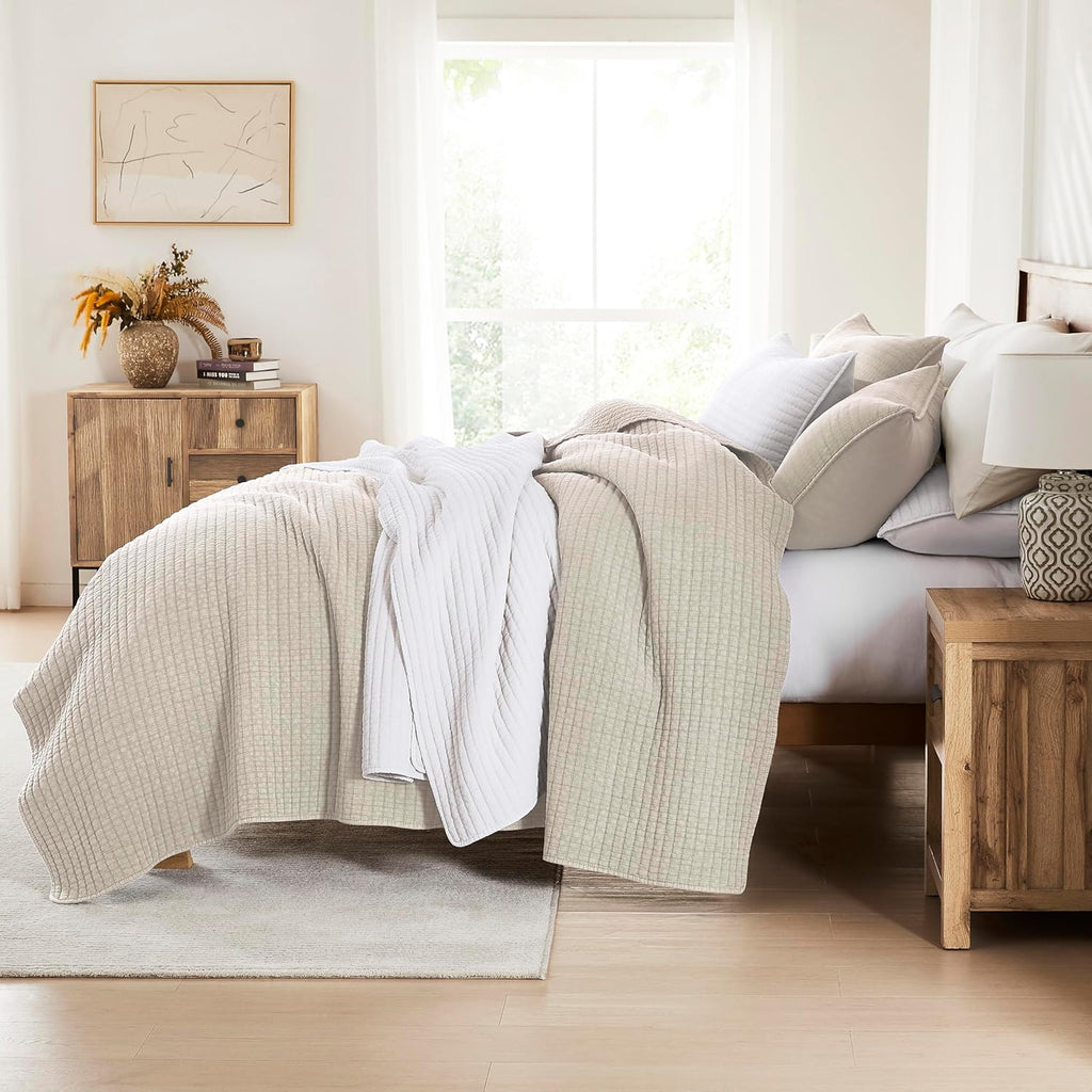 WDCOZY Beige Muslin Cotton Quilt Bedding Sets King Size with 2 Pillow Shams, Neutral Shabby Chic Rustic Textured Gauze Lightweight Country Soft Bedspread Coverlet for All Season, 3 Pieces - Grand Goldman