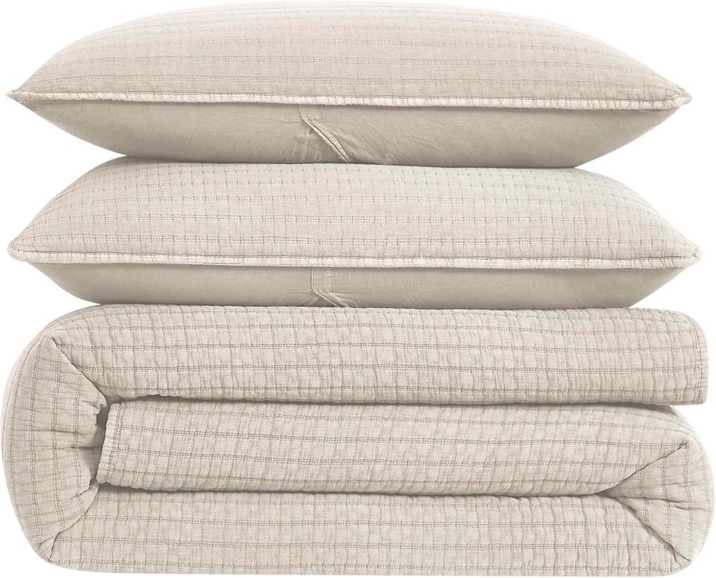 WDCOZY Beige Muslin Cotton Quilt Bedding Sets King Size with 2 Pillow Shams, Neutral Shabby Chic Rustic Textured Gauze Lightweight Country Soft Bedspread Coverlet for All Season, 3 Pieces - Grand Goldman