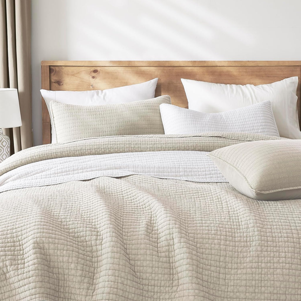 WDCOZY Beige Muslin Cotton Quilt Bedding Sets King Size with 2 Pillow Shams, Neutral Shabby Chic Rustic Textured Gauze Lightweight Country Soft Bedspread Coverlet for All Season, 3 Pieces - Grand Goldman