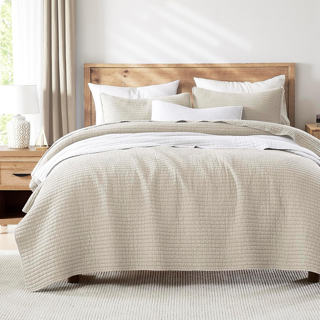WDCOZY Beige Muslin Cotton Quilt Bedding Sets King Size with 2 Pillow Shams, Neutral Shabby Chic Rustic Textured Gauze Lightweight Country Soft Bedspread Coverlet for All Season, 3 Pieces - Grand Goldman