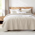 WDCOZY Beige Muslin Cotton Quilt Bedding Sets King Size with 2 Pillow Shams, Neutral Shabby Chic Rustic Textured Gauze Lightweight Country Soft Bedspread Coverlet for All Season, 3 Pieces - Grand Goldman
