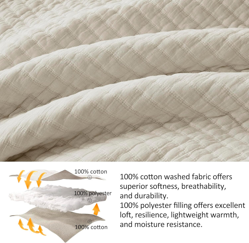 WDCOZY Beige Muslin Cotton Quilt Bedding Sets King Size with 2 Pillow Shams, Neutral Shabby Chic Rustic Textured Gauze Lightweight Country Soft Bedspread Coverlet for All Season, 3 Pieces - Grand Goldman