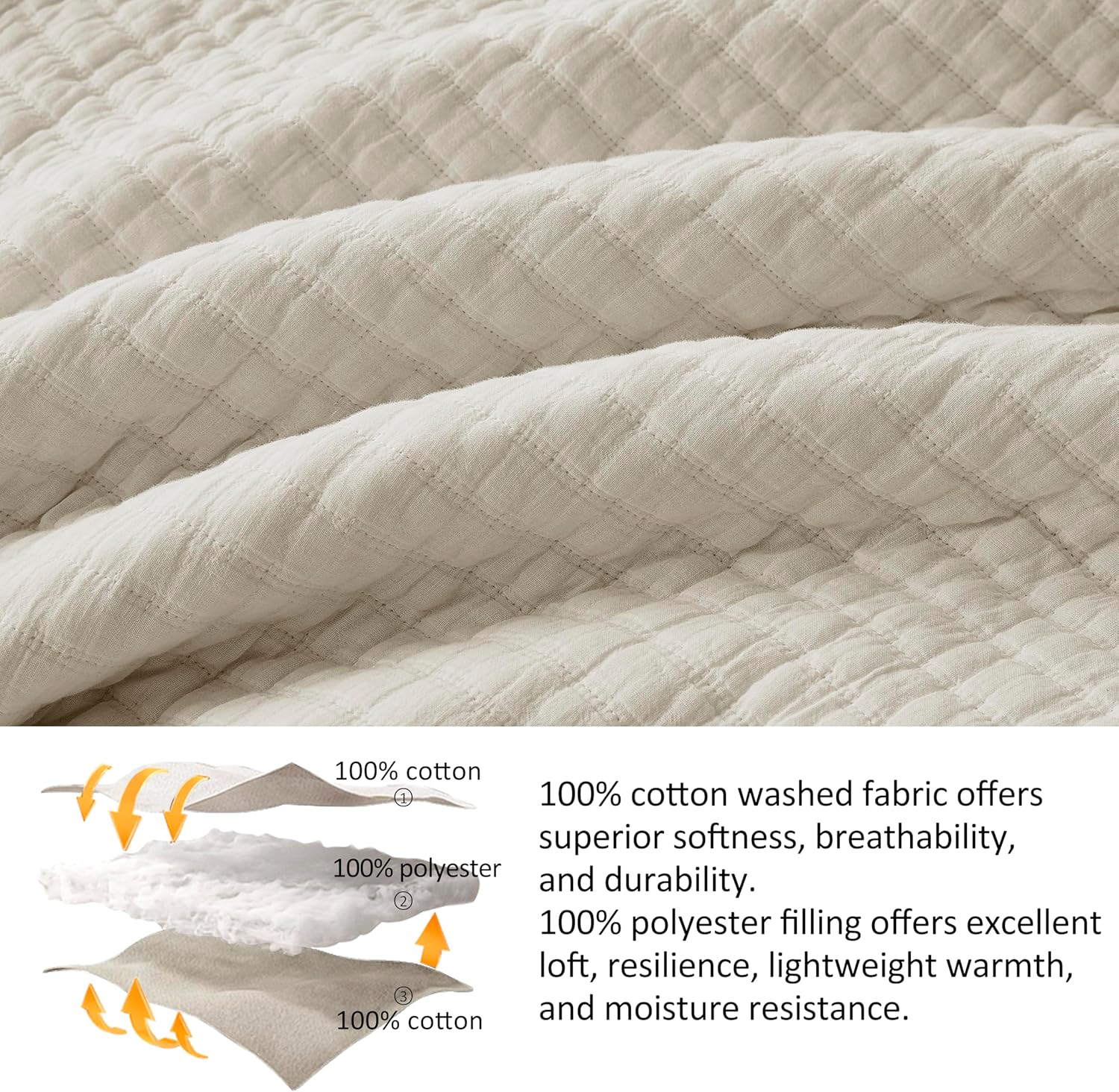 WDCOZY Beige Muslin Cotton Quilt Bedding Sets King Size with 2 Pillow Shams, Neutral Shabby Chic Rustic Textured Gauze Lightweight Country Soft Bedspread Coverlet for All Season, 3 Pieces - Grand Goldman