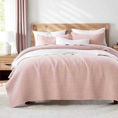 WDCOZY Beige Muslin Cotton Quilt Bedding Sets King Size with 2 Pillow Shams, Neutral Shabby Chic Rustic Textured Gauze Lightweight Country Soft Bedspread Coverlet for All Season, 3 Pieces - Grand Goldman
