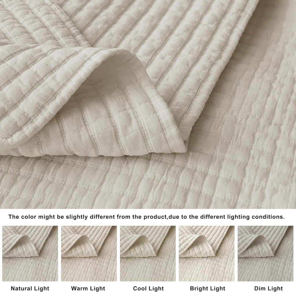WDCOZY Beige Muslin Cotton Quilt Bedding Sets King Size with 2 Pillow Shams, Neutral Shabby Chic Rustic Textured Gauze Lightweight Country Soft Bedspread Coverlet for All Season, 3 Pieces - Grand Goldman