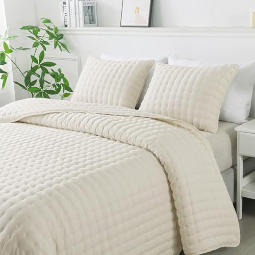 WDCOZY White Queen Size Quilt Bedding Sets with Pillow Shams, Lightweight Soft Bedspread Coverlet, Quilted Blanket Thin Comforter Bed Cover, All Season Summer Spring, 3 Pieces, 90x90 inches - Grand Goldman