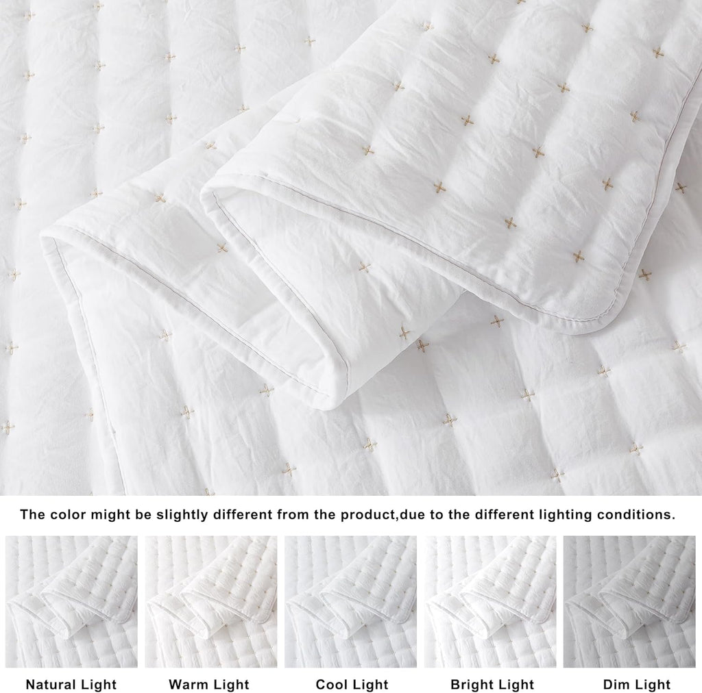 WDCOZY White Queen Size Quilt Bedding Sets with Pillow Shams, Lightweight Soft Bedspread Coverlet, Quilted Blanket Thin Comforter Bed Cover, All Season Summer Spring, 3 Pieces, 90x90 inches - Grand Goldman