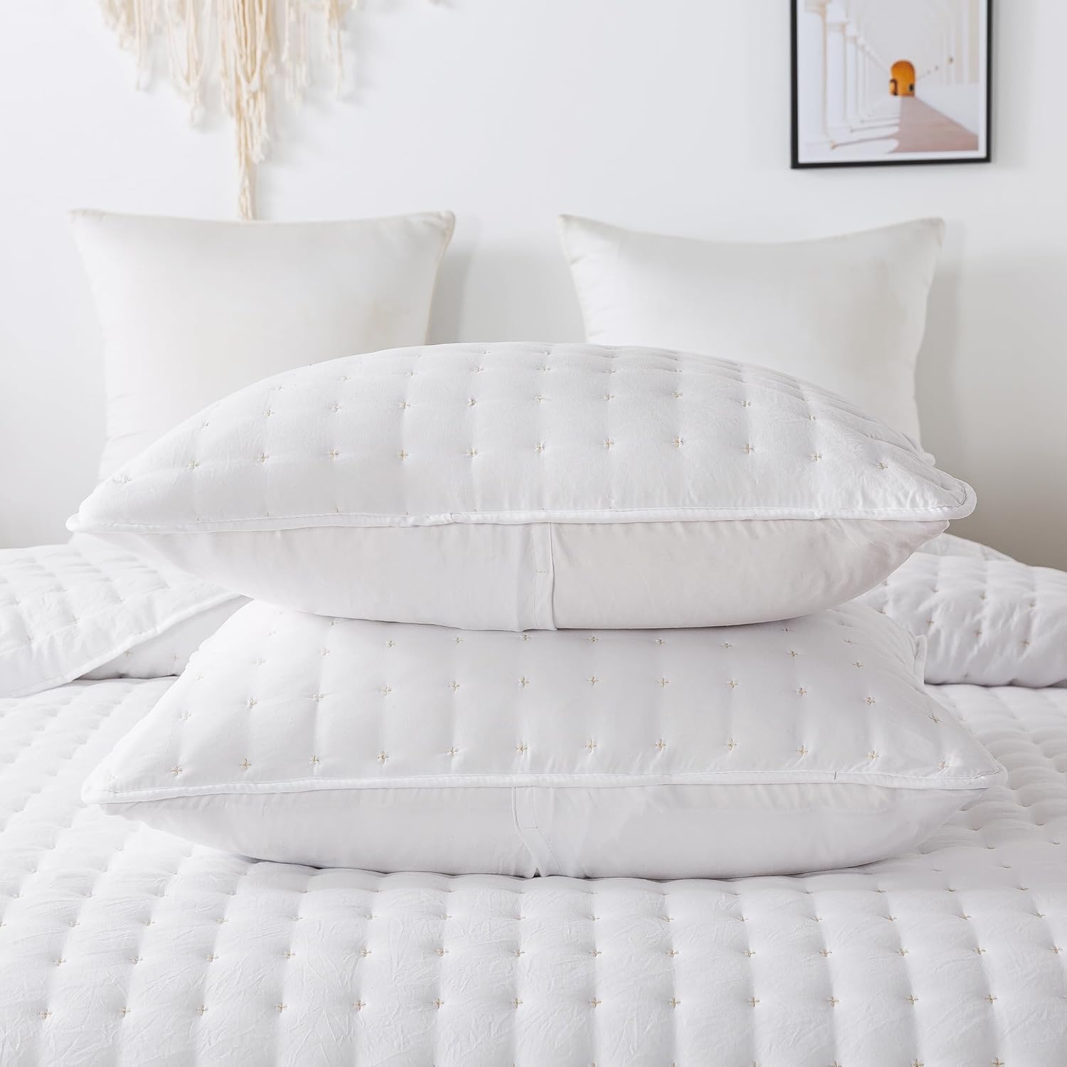 WDCOZY White Queen Size Quilt Bedding Sets with Pillow Shams, Lightweight Soft Bedspread Coverlet, Quilted Blanket Thin Comforter Bed Cover, All Season Summer Spring, 3 Pieces, 90x90 inches - Grand Goldman