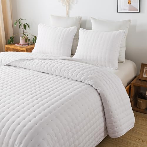WDCOZY White Queen Size Quilt Bedding Sets with Pillow Shams, Lightweight Soft Bedspread Coverlet, Quilted Blanket Thin Comforter Bed Cover, All Season Summer Spring, 3 Pieces, 90x90 inches - Grand Goldman
