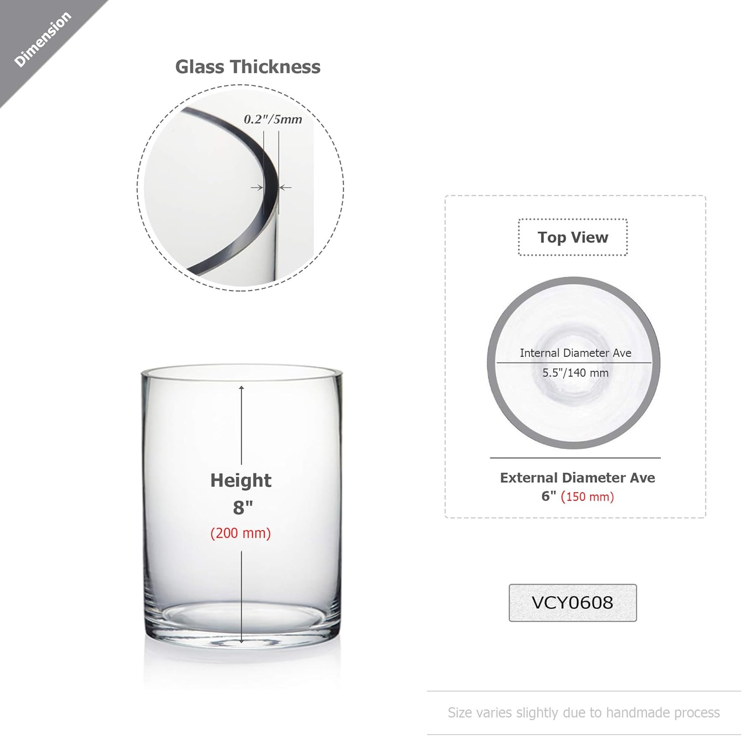 WGV Quality Thick Cylinder Vase, Width 6", Height 8", Clear Glass Container Terrarium Candle Holder for Wedding Centerpiece, Event, Home Decor, 1 Piece - Grand Goldman