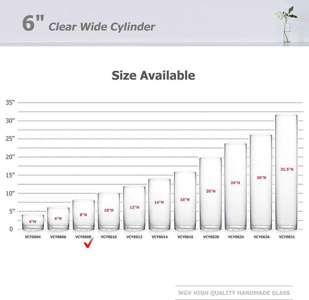 WGV Quality Thick Cylinder Vase, Width 6", Height 8", Clear Glass Container Terrarium Candle Holder for Wedding Centerpiece, Event, Home Decor, 1 Piece - Grand Goldman
