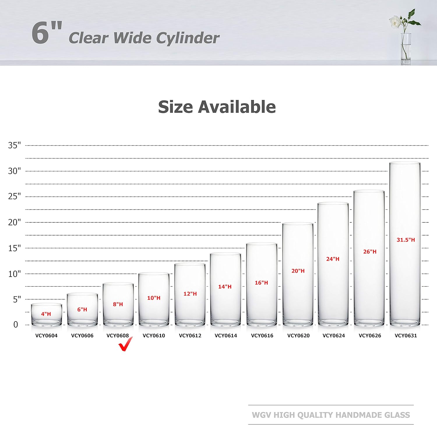 WGV Quality Thick Cylinder Vase, Width 6", Height 8", Clear Glass Container Terrarium Candle Holder for Wedding Centerpiece, Event, Home Decor, 1 Piece - Grand Goldman