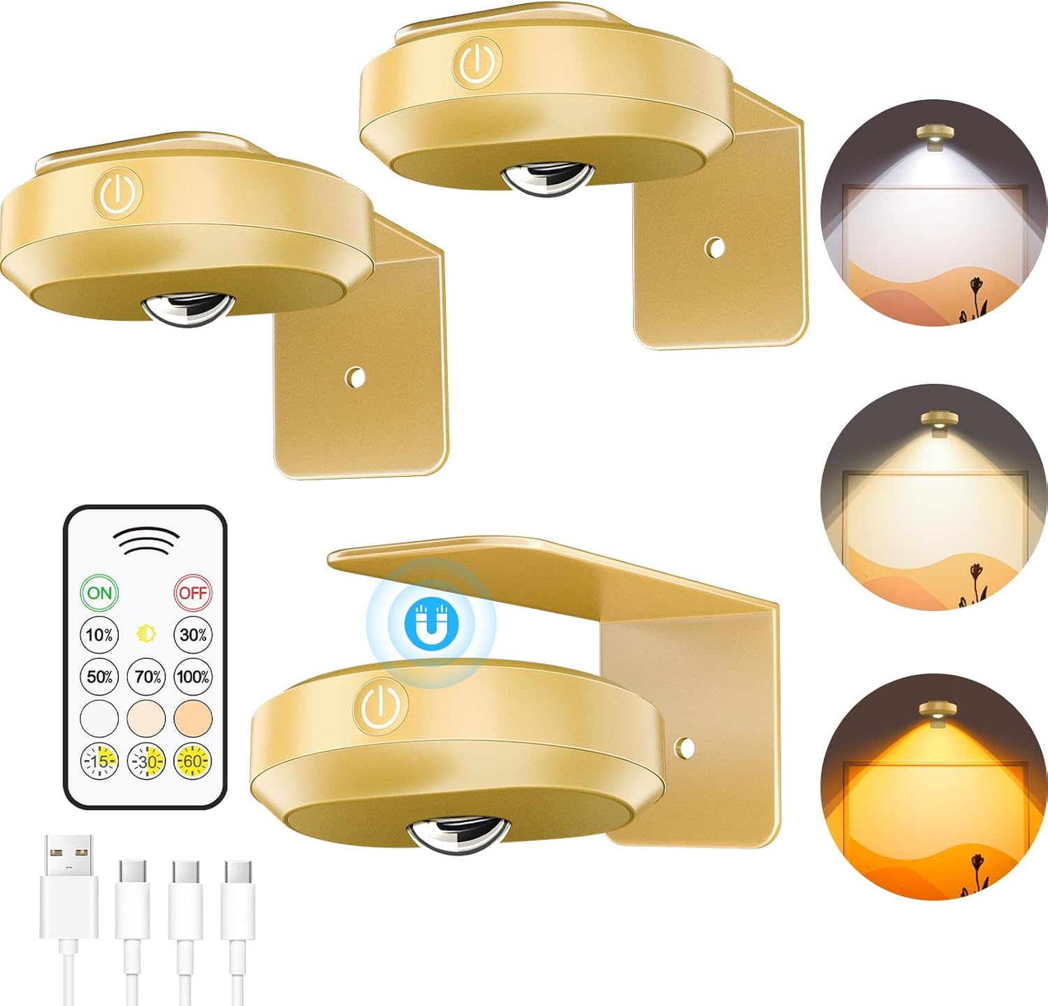 WILLED Picture Lights for Wall, 1200mAh Rechargeable Battery Operated Picture Frame lights, Puck Lights with Remote, Dimmable & Timer Art Lighting for Paintings Wireless, Magnetic Gallery Light/3 Pack - Grand Goldman