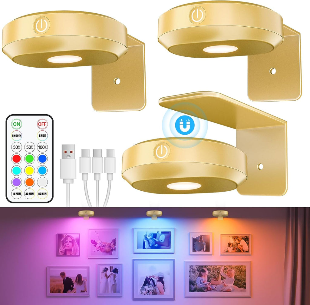 WILLED Picture Lights for Wall, 1200mAh Rechargeable Battery Operated Picture Frame lights, Puck Lights with Remote, Dimmable & Timer Art Lighting for Paintings Wireless, Magnetic Gallery Light/3 Pack - Grand Goldman