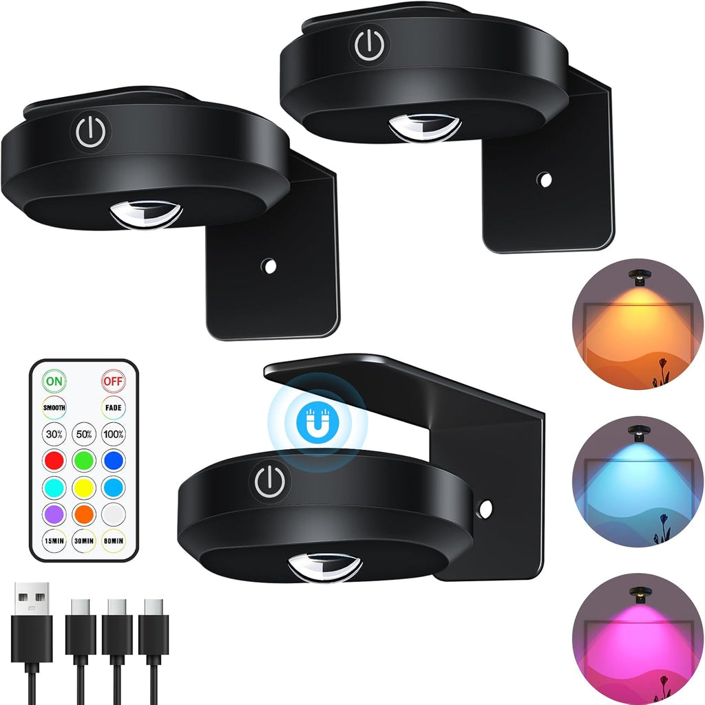 WILLED Picture Lights for Wall, 1200mAh Rechargeable Battery Operated Picture Frame lights, Puck Lights with Remote, Dimmable & Timer Art Lighting for Paintings Wireless, Magnetic Gallery Light/3 Pack - Grand Goldman