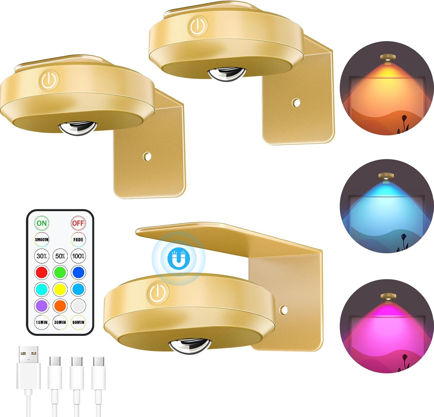 WILLED Picture Lights for Wall, 1200mAh Rechargeable Battery Operated Picture Frame lights, Puck Lights with Remote, Dimmable & Timer Art Lighting for Paintings Wireless, Magnetic Gallery Light/3 Pack - Grand Goldman