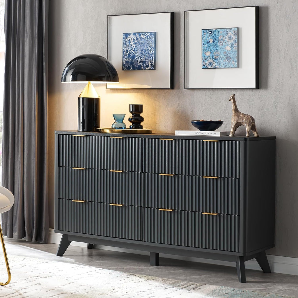 WINDSOR Fluted 6 Drawers Dresser, 54" Wide Modern Chest of Drawers with Faux Marble Top, Curved Profile Design, Dresser TV Stand, Wood Drawer Organizer for Bedroom, Living Room, Hallway, Natural Oak - Grand Goldman