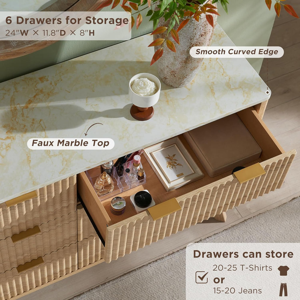 WINDSOR Fluted 6 Drawers Dresser, 54" Wide Modern Chest of Drawers with Faux Marble Top, Curved Profile Design, Dresser TV Stand, Wood Drawer Organizer for Bedroom, Living Room, Hallway, Natural Oak - Grand Goldman