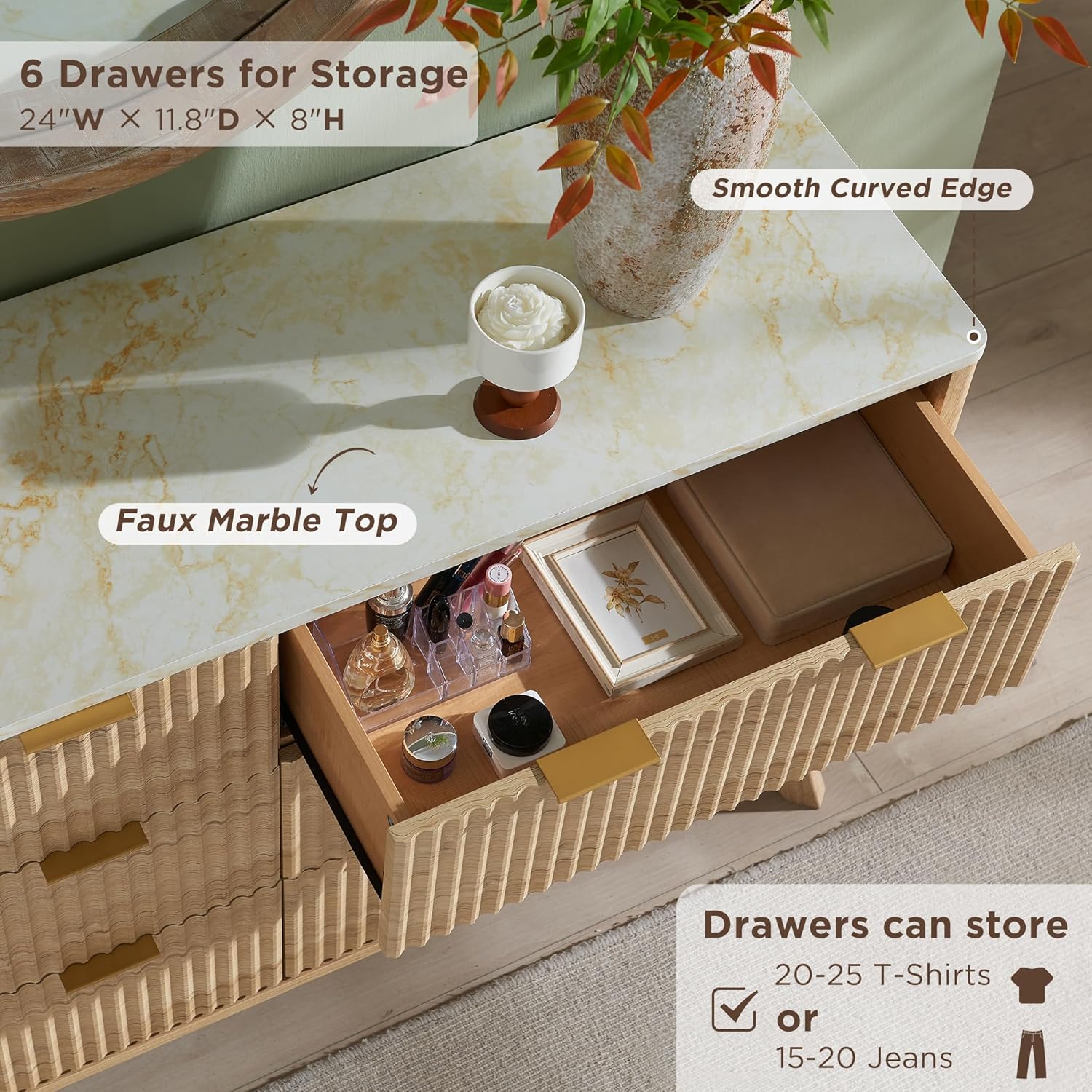 WINDSOR Fluted 6 Drawers Dresser, 54" Wide Modern Chest of Drawers with Faux Marble Top, Curved Profile Design, Dresser TV Stand, Wood Drawer Organizer for Bedroom, Living Room, Hallway, Natural Oak - Grand Goldman