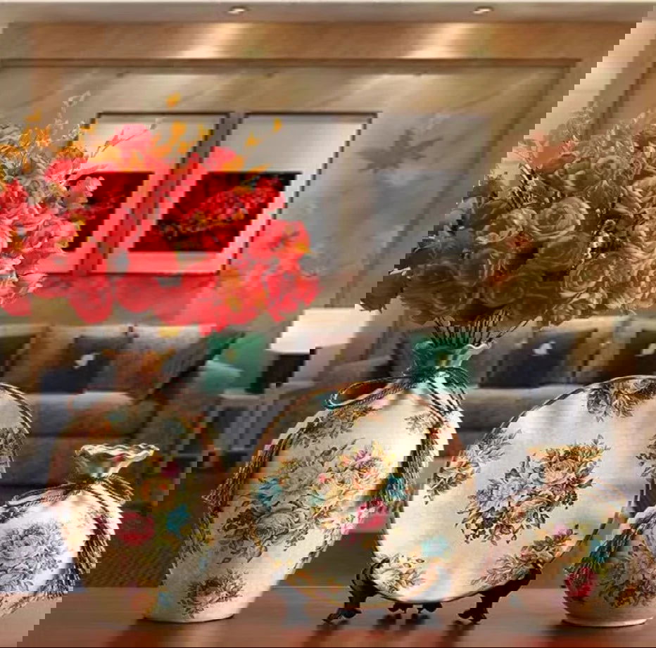 WISTERIA Vintage Ceramic Vase Set with Hand-Painted Dried Flowers Victorian 3Pcs Tabletop Amphora for Ancient Style Interior Arrangement Wedding Decorations - Grand Goldman