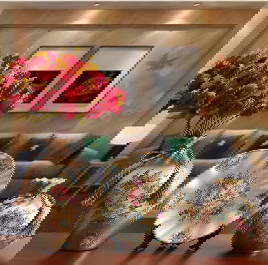 WISTERIA Vintage Ceramic Vase Set with Hand-Painted Dried Flowers Victorian 3Pcs Tabletop Amphora for Ancient Style Interior Arrangement Wedding Decorations - Grand Goldman